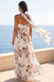 Vestido Maxi floral plisado de chiffon A-Line Sweetheart con bufanda al cuello