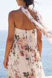 Vestido Maxi floral plisado de chiffon A-Line Sweetheart con bufanda al cuello