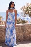 Vestido largo de gasa sin tirantes de flor azul A-Line con bufanda al cuello
