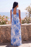 Vestido largo de gasa sin tirantes de flor azul A-Line con bufanda al cuello