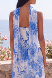 Vestido largo de gasa sin tirantes de flor azul A-Line con bufanda al cuello