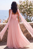 Vestido maxi floral rosa sin tirantes A-Line con abertura