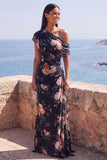 Vestido formal largo largo de sirena negra floral de gasa