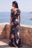 Vestido formal largo largo de sirena negra floral de gasa