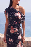 Vestido formal largo largo de sirena negra floral de gasa
