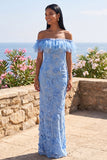 Vestido largo floral azul sirena con volantes y volantes azul sirena