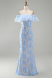 Vestido largo floral azul sirena con volantes y volantes azul sirena