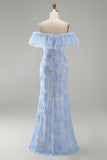 Vestido largo floral azul sirena con volantes y volantes azul sirena