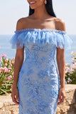 Vestido largo floral azul sirena con volantes y volantes azul sirena