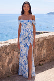 Vestido maxi de flor azul sirena con chiffon de chiffon descubierto en el hombro y abertura