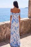 Vestido maxi de flor azul sirena con chiffon de chiffon descubierto en el hombro y abertura