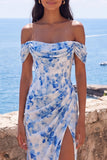 Vestido maxi de flor azul sirena con chiffon de chiffon descubierto en el hombro y abertura