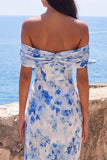 Vestido maxi de flor azul sirena con chiffon de chiffon descubierto en el hombro y abertura