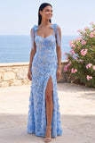 Vestido largo floral aplicado azul sirena con lazo