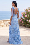 Vestido largo floral aplicado azul sirena con lazo