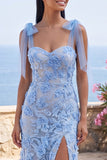 Vestido largo floral aplicado azul sirena con lazo