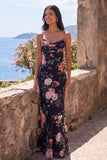 Vestido formal largo de gasa de chiffon floral floral de sirena negra
