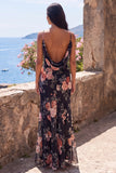Vestido formal largo de gasa de chiffon floral floral de sirena negra