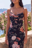 Vestido formal largo de gasa de chiffon floral floral de sirena negra