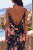 Vestido formal largo de gasa de chiffon floral floral de sirena negra