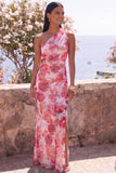 Vestido largo floral de gasa de un hombro en sirena rosa