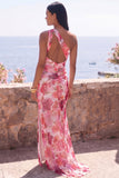 Vestido largo floral de gasa de un hombro en sirena rosa