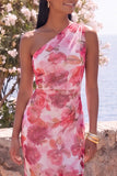 Vestido largo floral de gasa de un hombro en sirena rosa