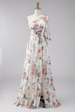 Vestido maxi floral arrugado de un solo hombro con quiffon, línea A, con abertura