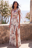 Vestido maxi floral arrugado de un solo hombro con quiffon, línea A, con abertura