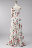 Vestido maxi floral arrugado de un solo hombro con quiffon, línea A, con abertura