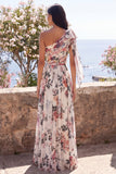 Vestido maxi floral arrugado de un solo hombro con quiffon, línea A, con abertura