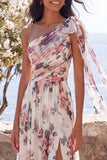 Vestido maxi floral arrugado de un solo hombro con quiffon, línea A, con abertura