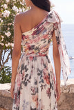 Vestido maxi floral arrugado de un solo hombro con quiffon, línea A, con abertura