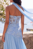 Vestido Maxi Floral A-Line azul gasa con abertura