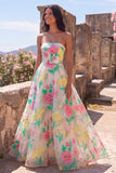 Vestido largo sin tirantes Daffodil Pink Flower A-Line
