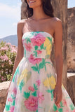 Vestido largo sin tirantes Daffodil Pink Flower A-Line