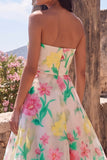 Vestido largo sin tirantes Daffodil Pink Flower A-Line