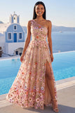 Vestido maxi floral de un hombro bordado en línea A de champán con abertura