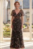Vestido largo de tul floral de escote en V y línea A con mangas flojas