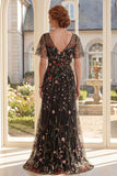 Vestido largo de tul floral de escote en V y línea A con mangas flojas