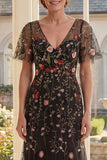 Vestido largo de tul floral de escote en V y línea A con mangas flojas