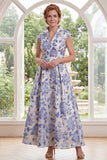 Blanco Azul, Flor A-Line Jacquard Largo Vestido de Madre de la Novia con mangas gorjas