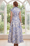 Blanco Azul, Flor A-Line Jacquard Largo Vestido de Madre de la Novia con mangas gorjas