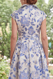Blanco Azul, Flor A-Line Jacquard Largo Vestido de Madre de la Novia con mangas gorjas