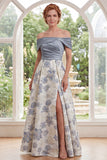 Vestido largo de la novia azul polvoriento Jacquard de línea A largo con abertura y abertura