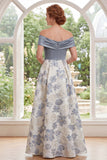 Vestido largo de la novia azul polvoriento Jacquard de línea A largo con abertura y abertura