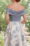 Vestido largo de la novia azul polvoriento Jacquard de línea A largo con abertura y abertura