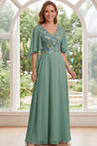Vestido largo de Madre de la Novia verde salvia de gasa en línea en A, escote en V