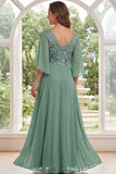 Vestido largo de Madre de la Novia verde salvia de gasa en línea en A, escote en V