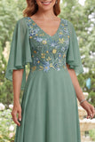 Vestido largo de Madre de la Novia verde salvia de gasa en línea en A, escote en V